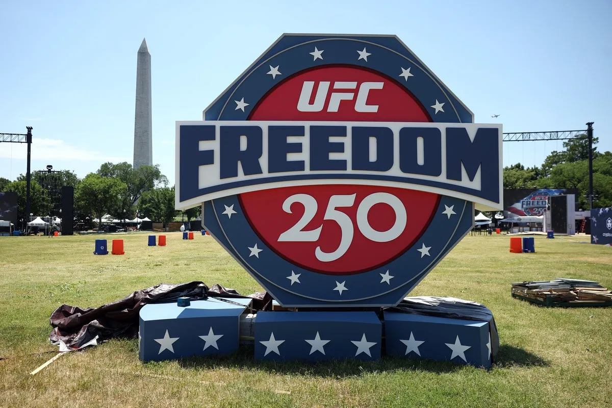 Ilia Topuria Shoves Justin Gaethje During UFC Freedom 250 Press Event at Lincoln Memorial