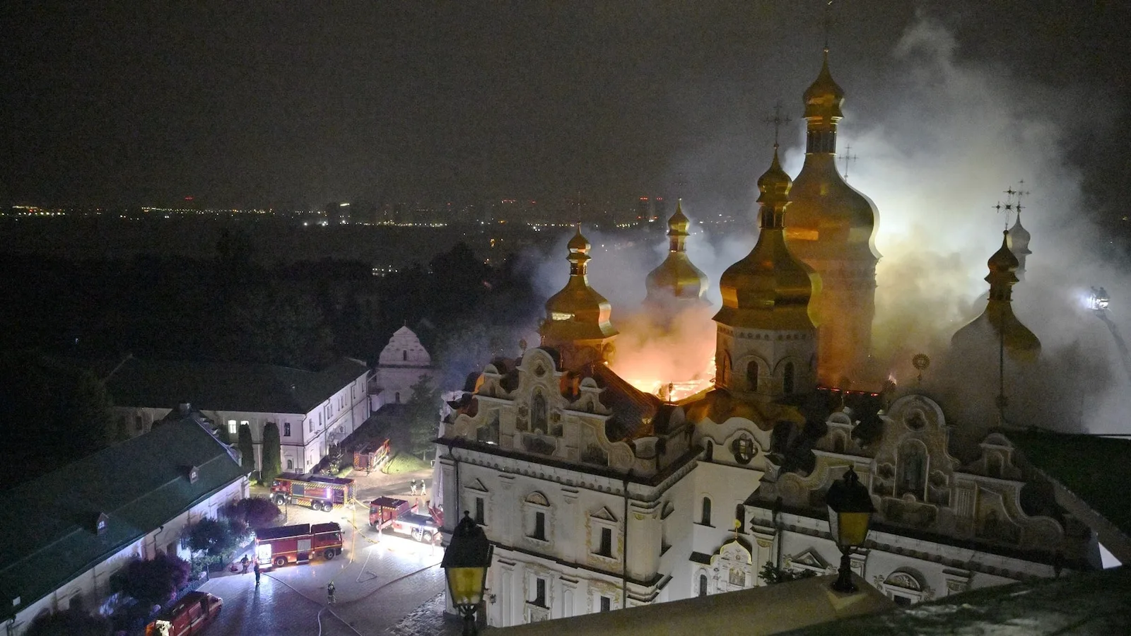 Russian Strikes Set Fire to Kyiv’s UNESCO-Listed Monastery During Overnight Attack